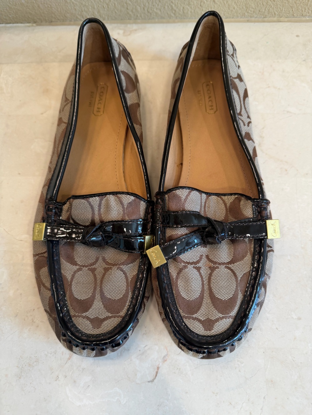 Coach Brown Signature Canvas Patent Trim Loafers